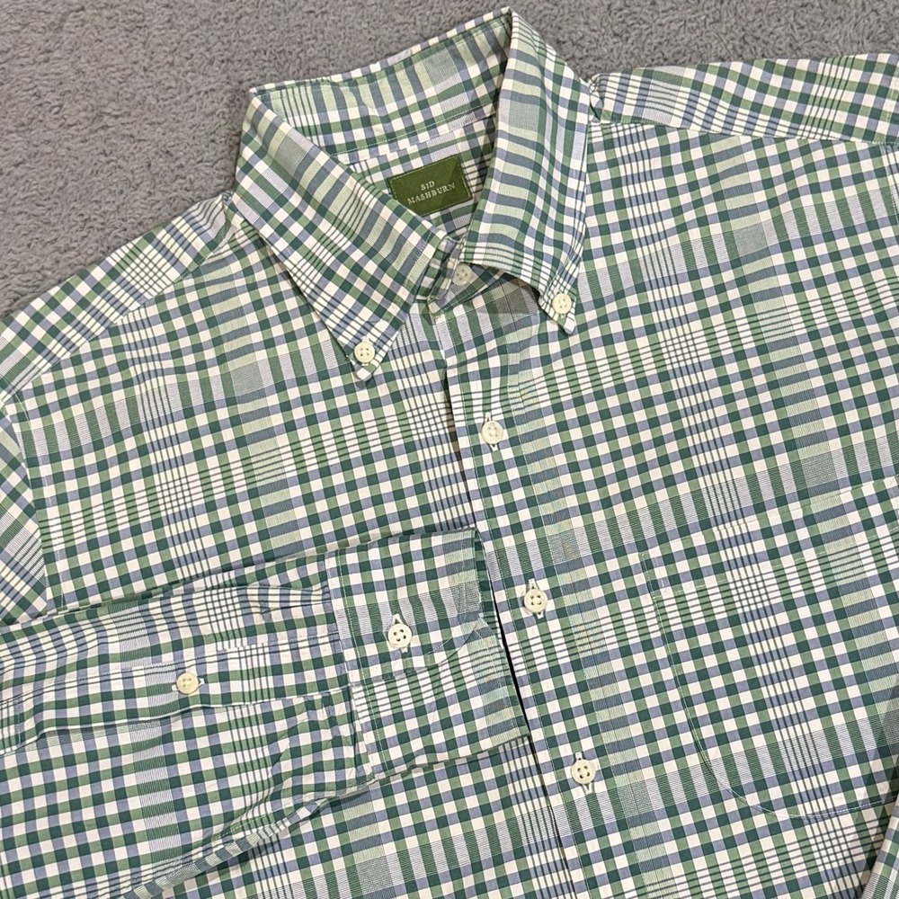 Sid Mashburn Men's M Madras Plaid Green/Blue/White Spread Collar Button Up Shirt